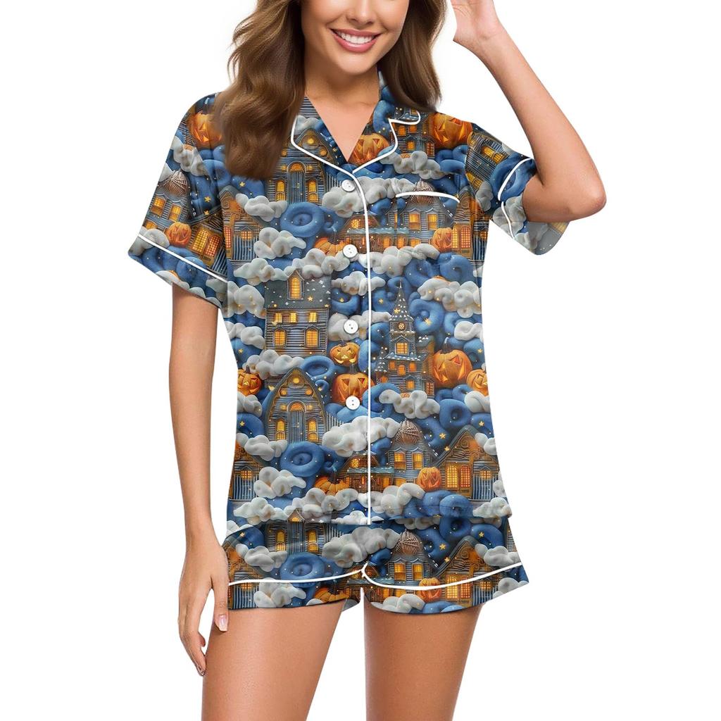 Женский повседневный модный домашний костюм с принтом на Хэллоуин, с коротким рукавом