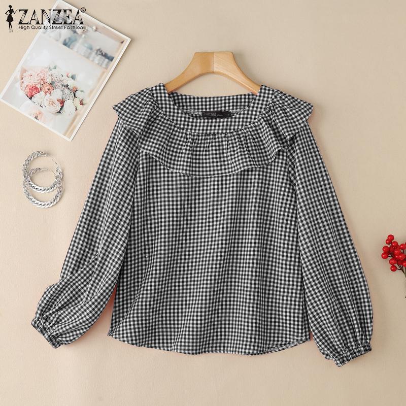 ZANZEA Женская повседневная блузка в клетку с оборками, круглым вырезом и длинным рукавом свободного кроя