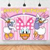 Pink Striped Happy Birthday Backdrop Banner, Cute White Duck Cartoon with Big Polka Dot Bow Party Background Cloth,Birth