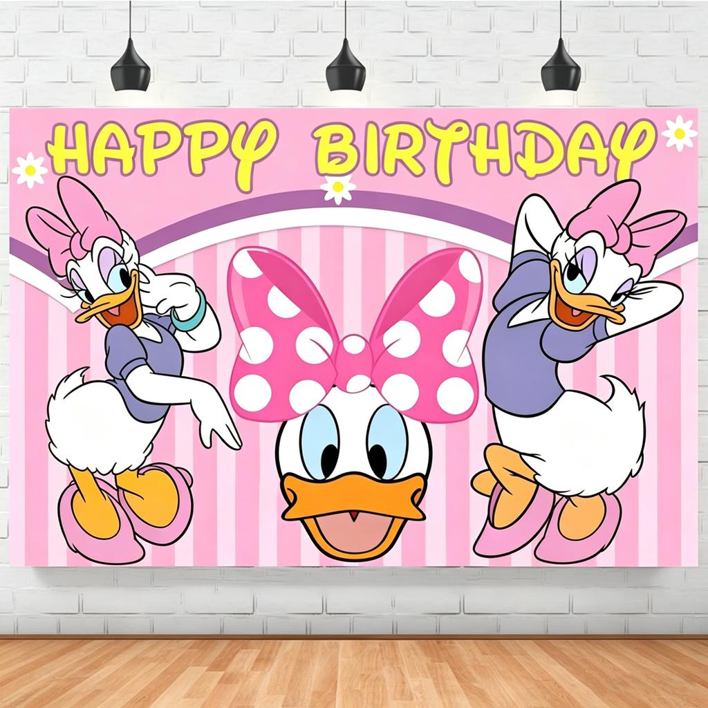 Pink Striped Happy Birthday Backdrop Banner, Cute White Duck Cartoon with Big Polka Dot Bow Party Background Cloth,Birth