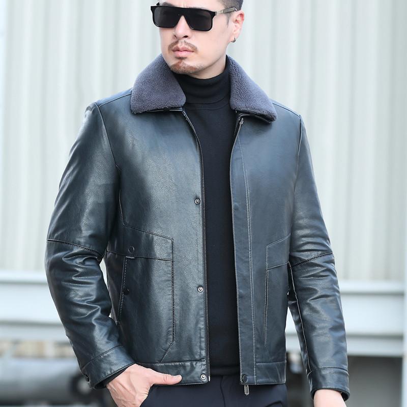 Men's New Jacket Leather Down Jacket White Duck Down Filling Casual Winter Sheepskin Solid Color Lapel Thick Coat