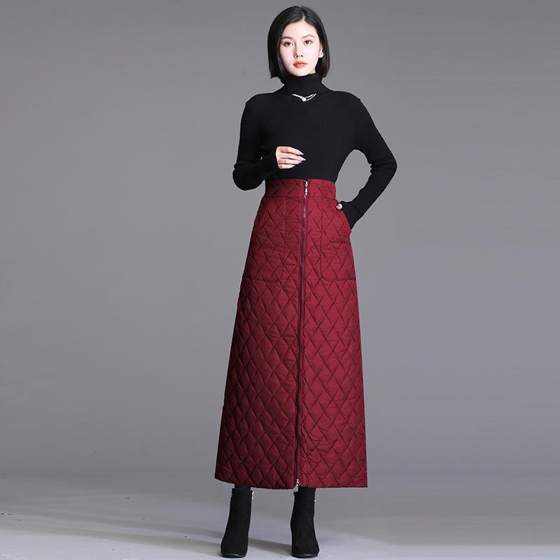Женская зимняя юбка Юбка полудлинная Эластичная талия Высокая талия Большой размер Ветрозащитная и теплая пуховая хлопковая юбка Утолщенная длинная юбка А-силуэта