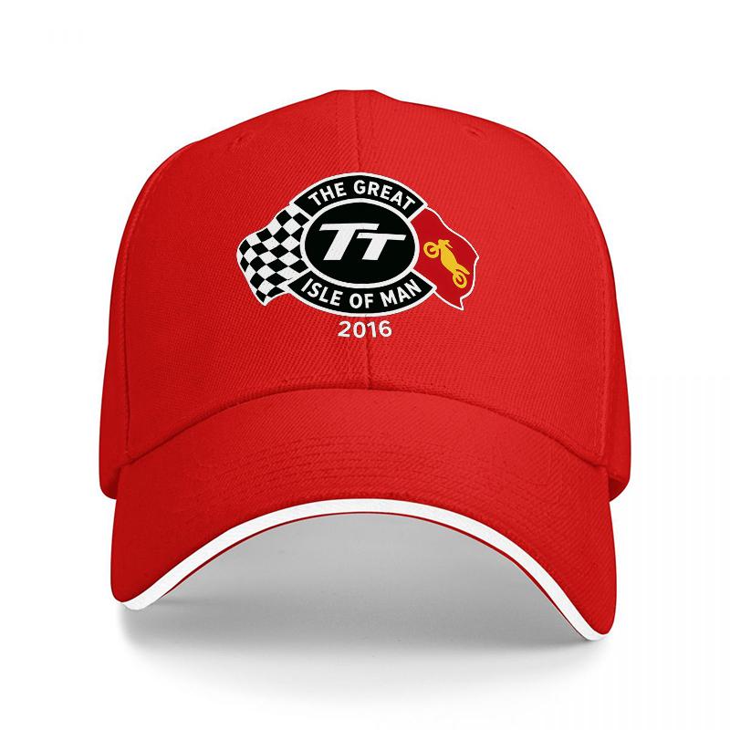 TT Isle of Unisex  Racing Logo Black Baseball Cap with Checkered Flag Design and White Trim for Motorsport Fans