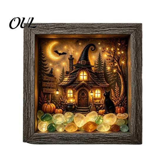 Craft Gifts for Adults DIY Lighted Halloween Ghost Shadow Box Kit, Wooden Frame LED Warm Light, Gothic Bedroom Decor Memory with Crystal Glass Panel,
