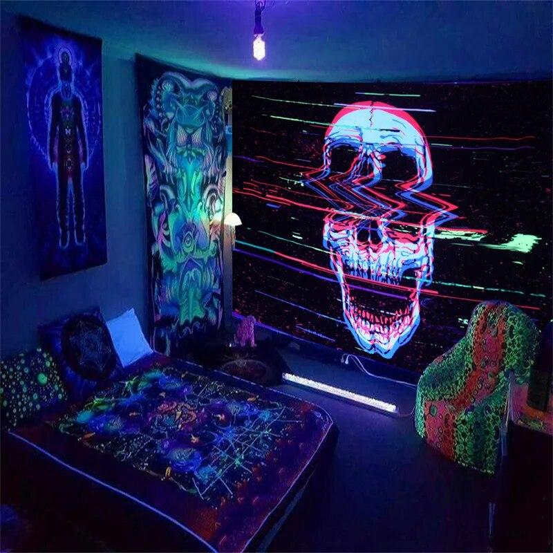 Black Light Tapestry UV Reactive Psychedelic Mysterious Mushroom Wall Hanging Bedroom Dorm Separate Room Decoration