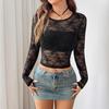 Spring Women's Solid Color Lace Transparent Round Neck Long Sleeve T-Shirt Tops Women Versatile Closet Essential Fashion Items Shirt