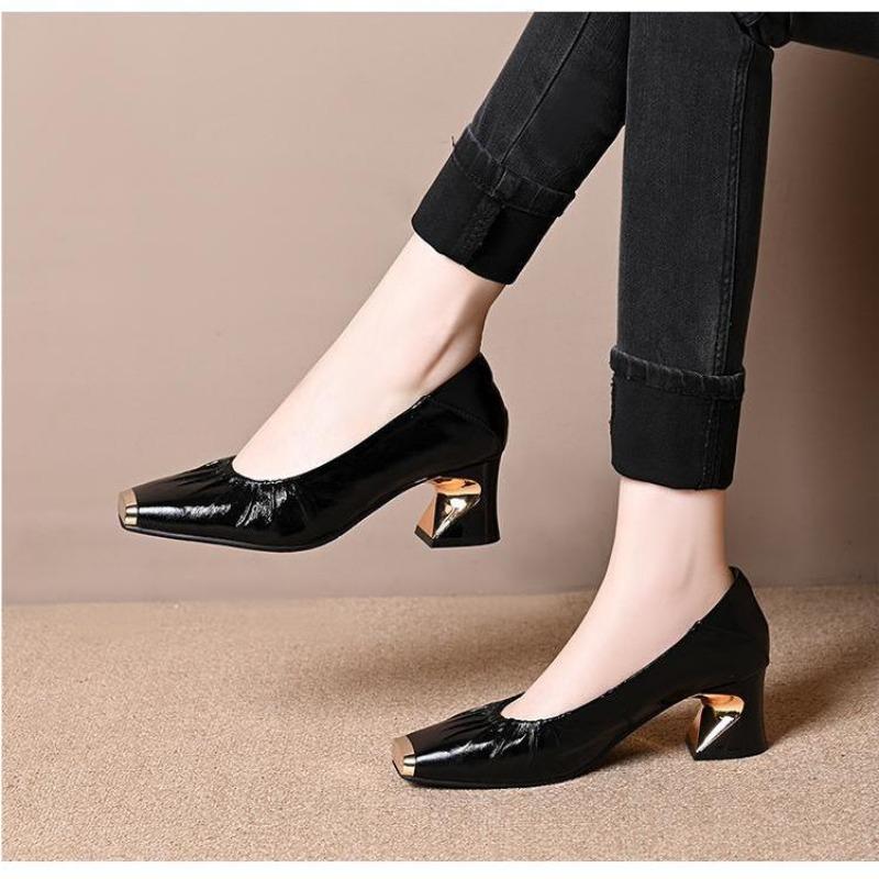 Ladies Elegant Fold Design Solid Color Simple Pumps Women's High Heels Soft Leather Metal Head Mid-heeled Dress Shoes Loafers