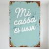 Vintage Light Blue Rustic Metal Sign with 'Mi Cassa Es Usja' White Cursive Text, Weathered Wall Plaque for Home Garden Decor, Re