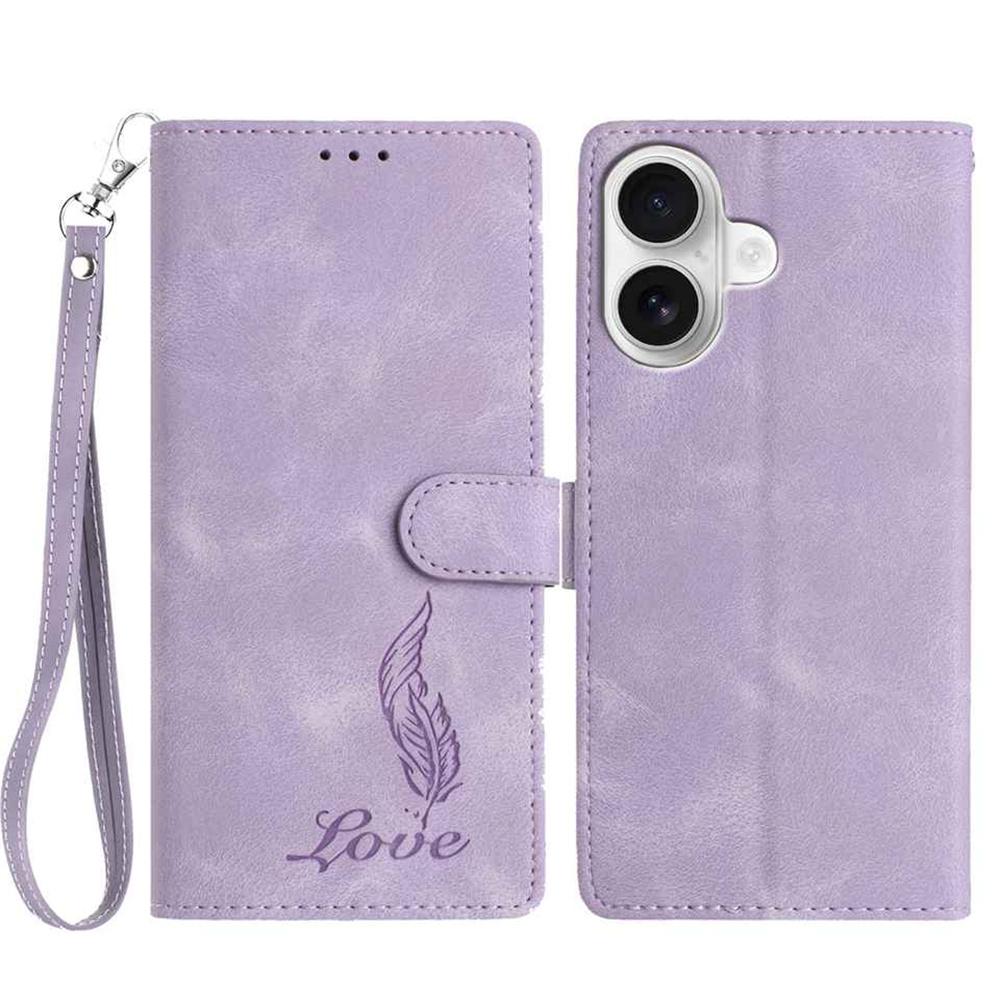 For iPhone 16 Case Imprinted Feather PU Leather Wallet Phone Cover with Wrist Strap