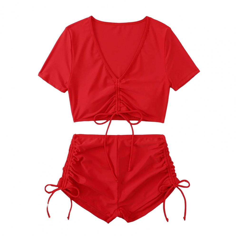 Solid Color Swimsuit Stylish Women's Summer Bikini Set with V-neck Top High Waist Drawstring Swimsuit 2 Piece Set for Beach