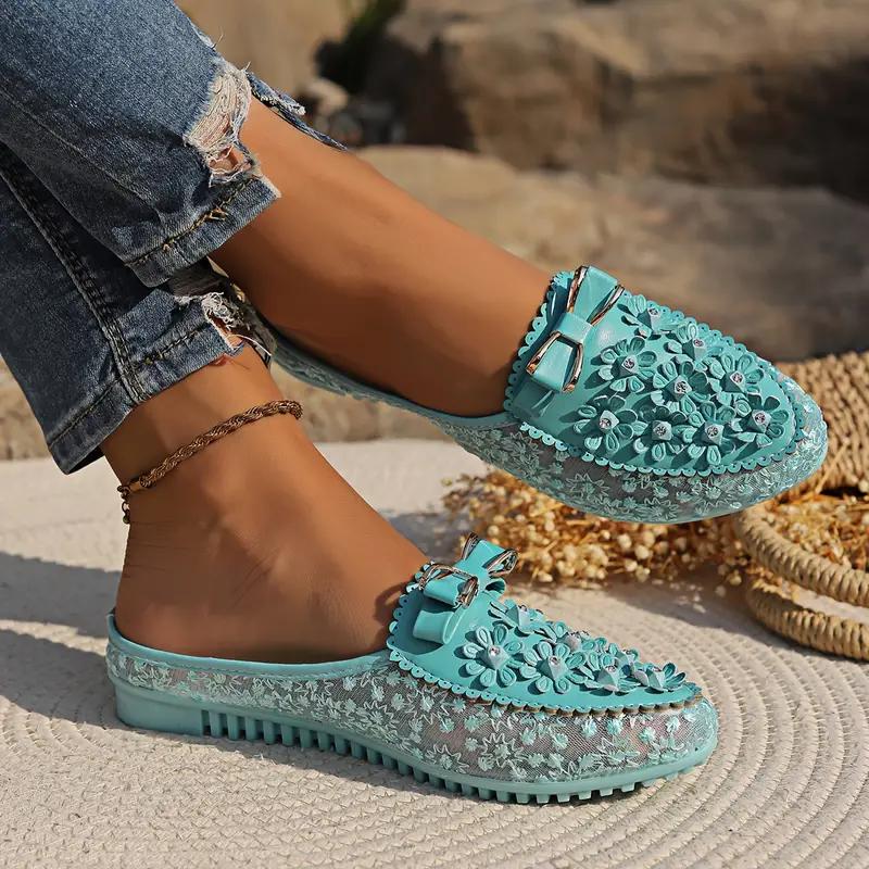 Women's Flowers Decor Flat Shoes, Fashion Mesh Design Bow Decor Slip On Backless Shoes, Stylish Summer Outdoor Shoes