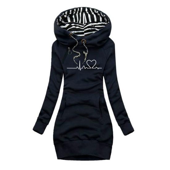 Пуловер средней длины на шнурке с передним карманом и длинными рукавами, женская осенне-зимняя толстовка с принтом «сердцебиение», облегающая толстовка с капюшоном, верхняя одежда