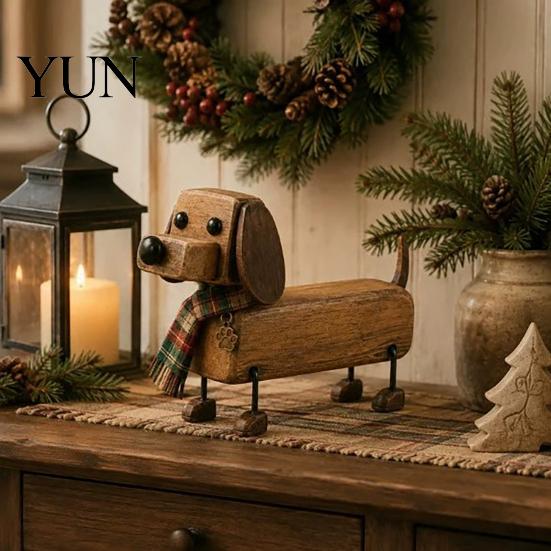 Handmade Puppy Figurine Plaid Scarf Dachshund Figurine, Retro Dog Statue with Paw Bookshelf Decorative Accents Print Charm, Handcrafted Mini