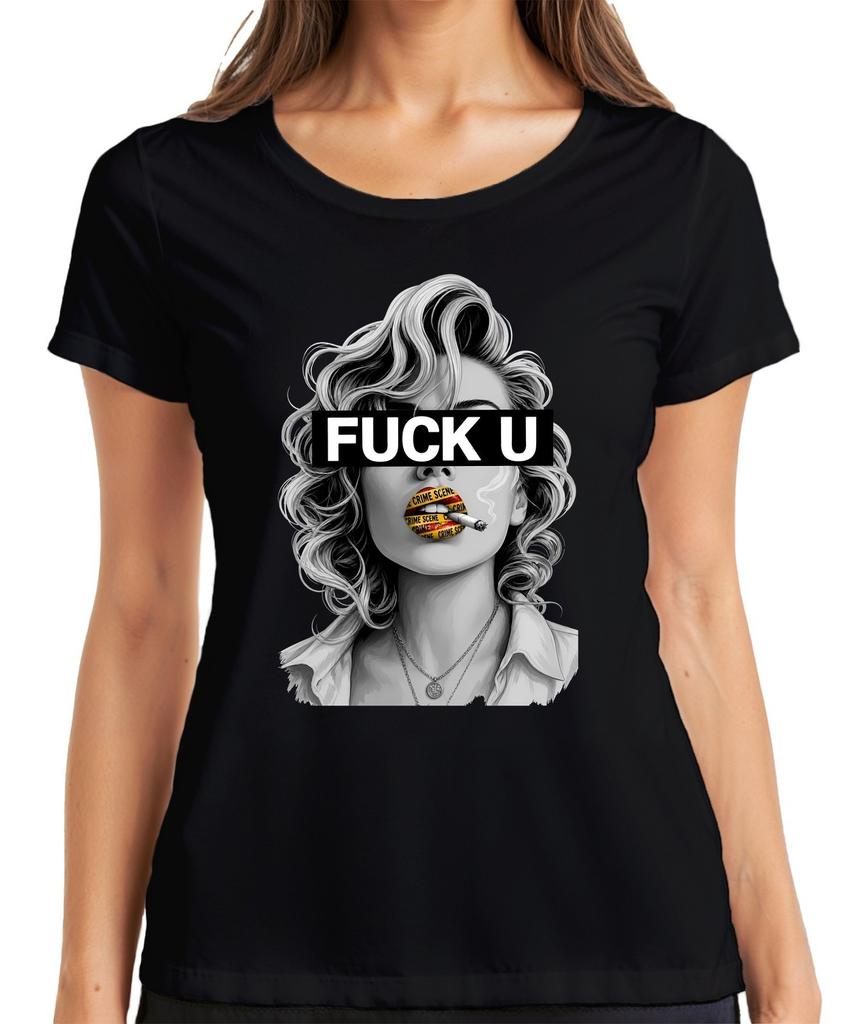 Fuck U Blonde Woman Smoking Crime Scene Tape Rebellious Sarcasm Womens T-Shirt