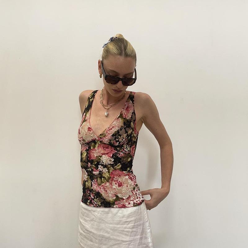 Women's Retro Floral Printing Color Clash Sexy V-Neck Lace Splicing Slim Neck Tank Top