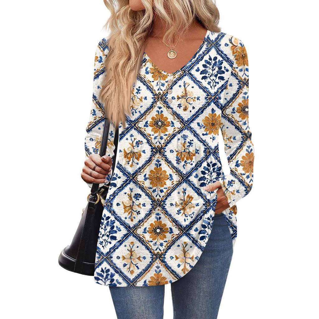 Women's Fashion Casual Long Sleeve Solid Color Shirt Women's V-Neck Tops