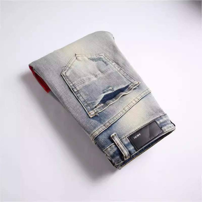 AM Мужские европейские ретро светлые рваные джинсы скинни стрейч 3835