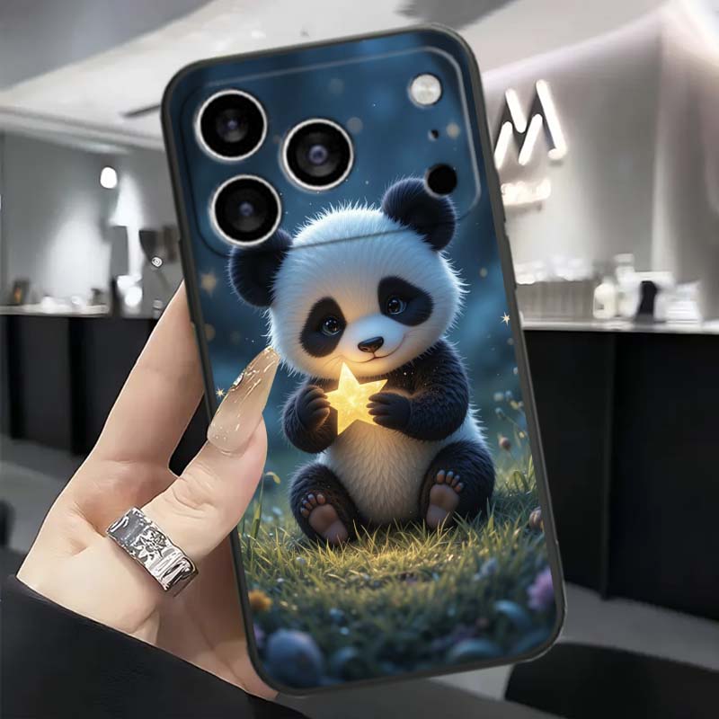 Мультяшный Аниме Панда Милый Для Apple iPhone 17 16 16E 15 14 13 12 11 Pro Max Plus Черный Мягкий Силиконовый Чехол для Телефона