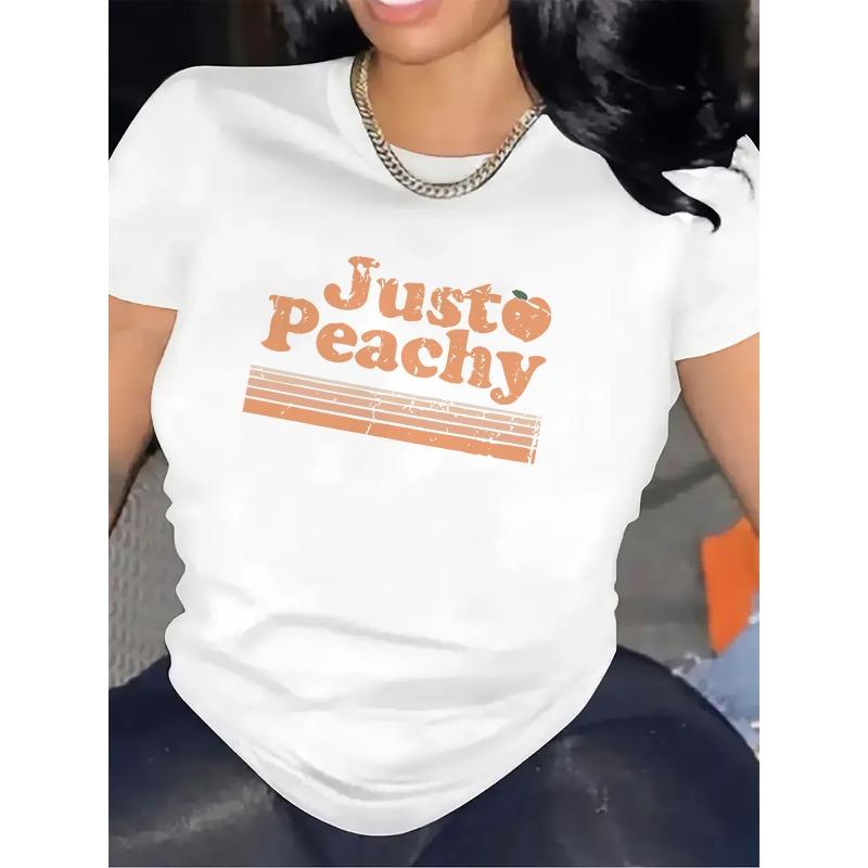 Европейские размеры Женская футболка с графическим принтом "Just Peachy" - Белая с оранжевым персиковым дизайном Для ресторанов и активного отдыха