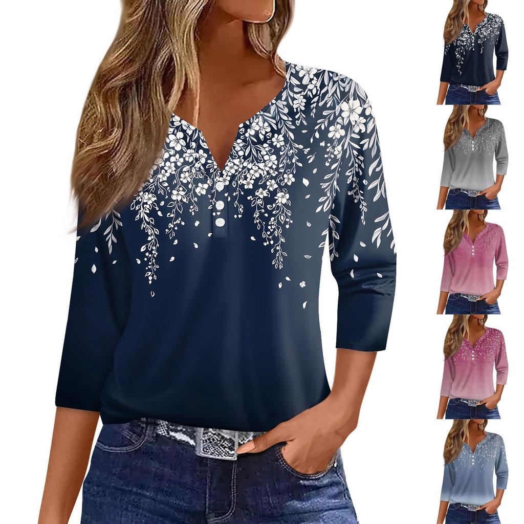Women's T Shirt Print Button 3/4 Sleeve Daily Weekend Fashion Basic V- Neck Regular Top
