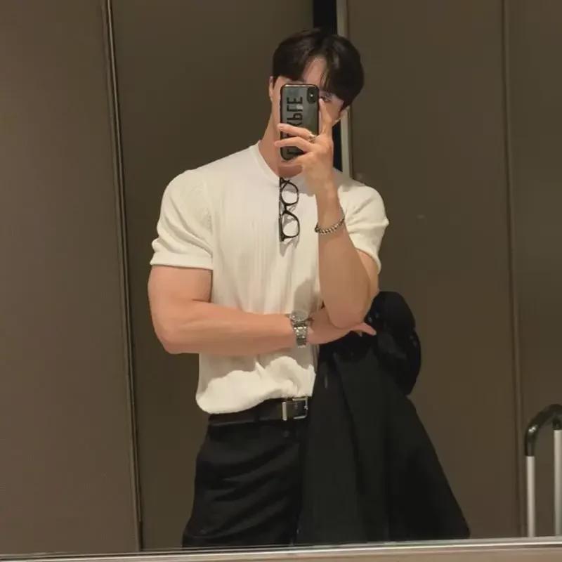 Мужская облегающая трикотажная футболка в корейском стиле с коротким рукавом и круглым вырезом