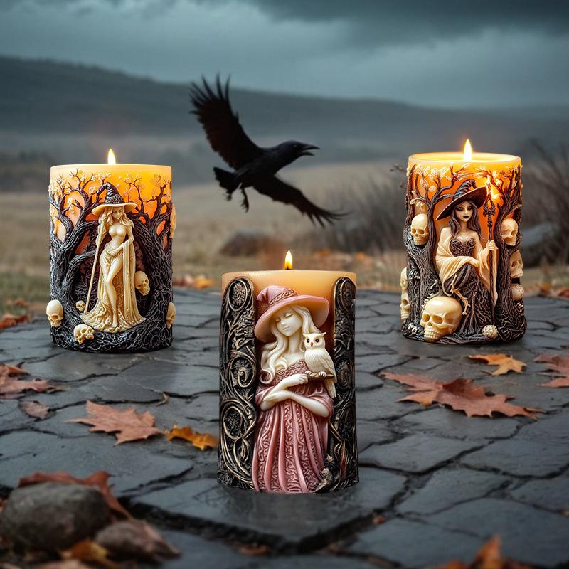 3D Силиконовая форма для цилиндрической свечи с ведьмой, сделай сам, рельеф черепа ведьмы, цилиндр для ароматерапии, силиконовая форма для смолы, декор на Хэллоуин, подарки