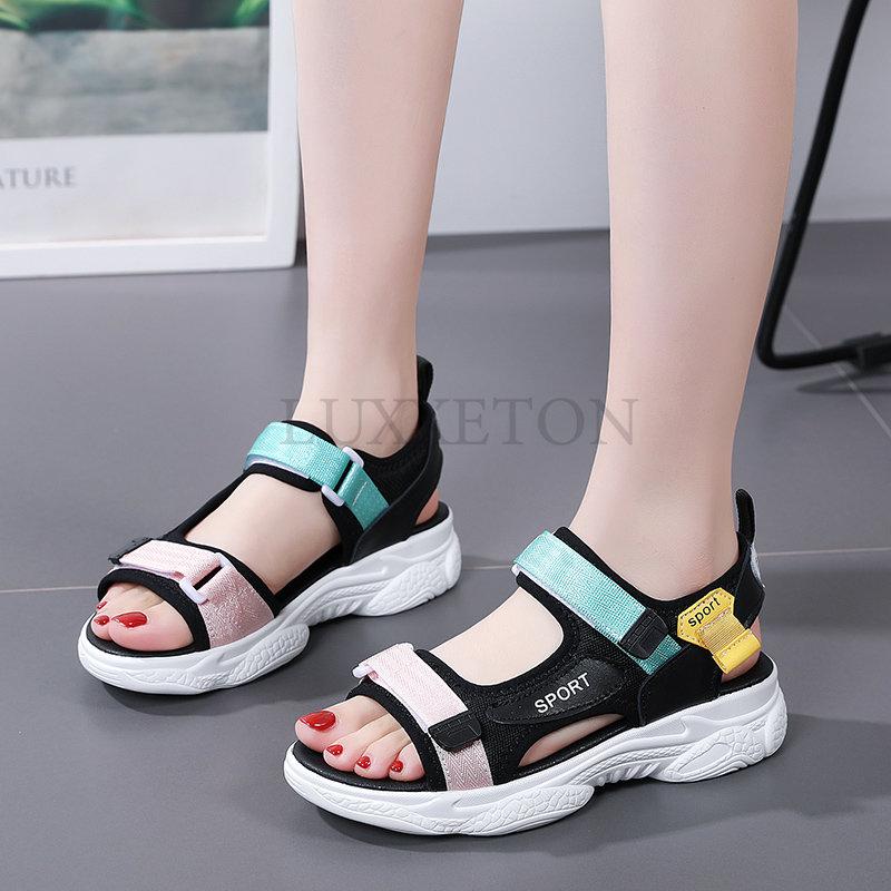 Сандалии на платформе женские летние женские туфли на толстой подошве радужного цвета с застежкой-липучкой на танкетке с открытым носком на платформе