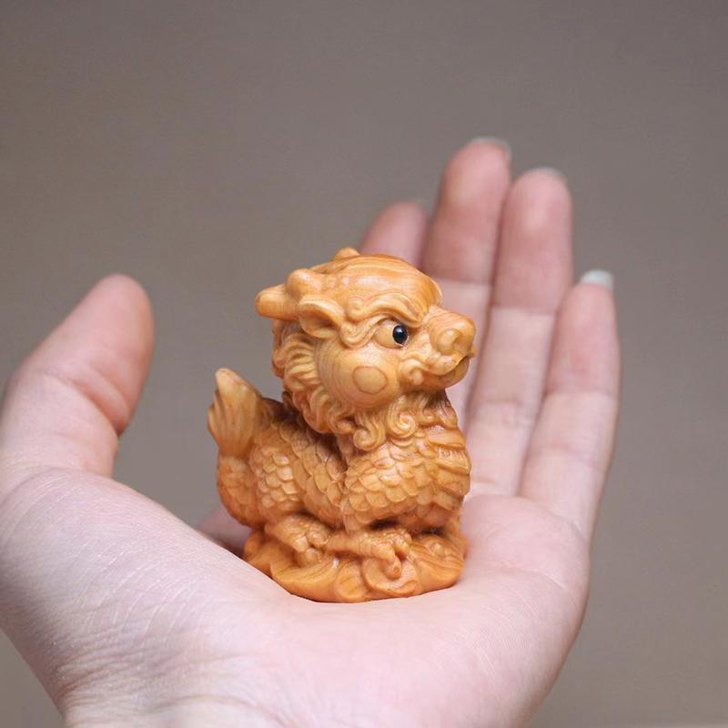 Natural Cypress Kirin Mascot Mini Statues Chinese Mythical Beasts Cute Home, Room, Office, Flower Pot Decoration Accessories