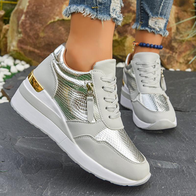 Fashion Gold Silver Wedge Sneakers for Women Lightweight Non Slip Casual Sports Shoes Woman Comfort Thick Sole Walking Shoes Plus Size