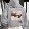 Осень/Зима Мужской Винтажный Худи с Графикой Brooklyn 1898 Модная Уличная Одежда Худи Unseix Свитшот Флис Оверсайз Повседневный