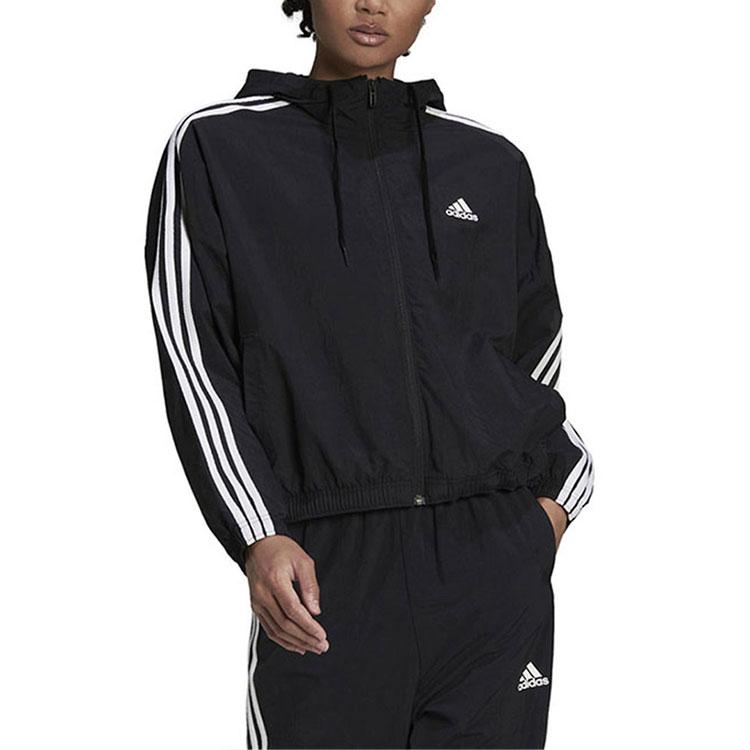 adidas Полосатый логотип с капюшоном тканая куртка женская куртка черная HC9160
