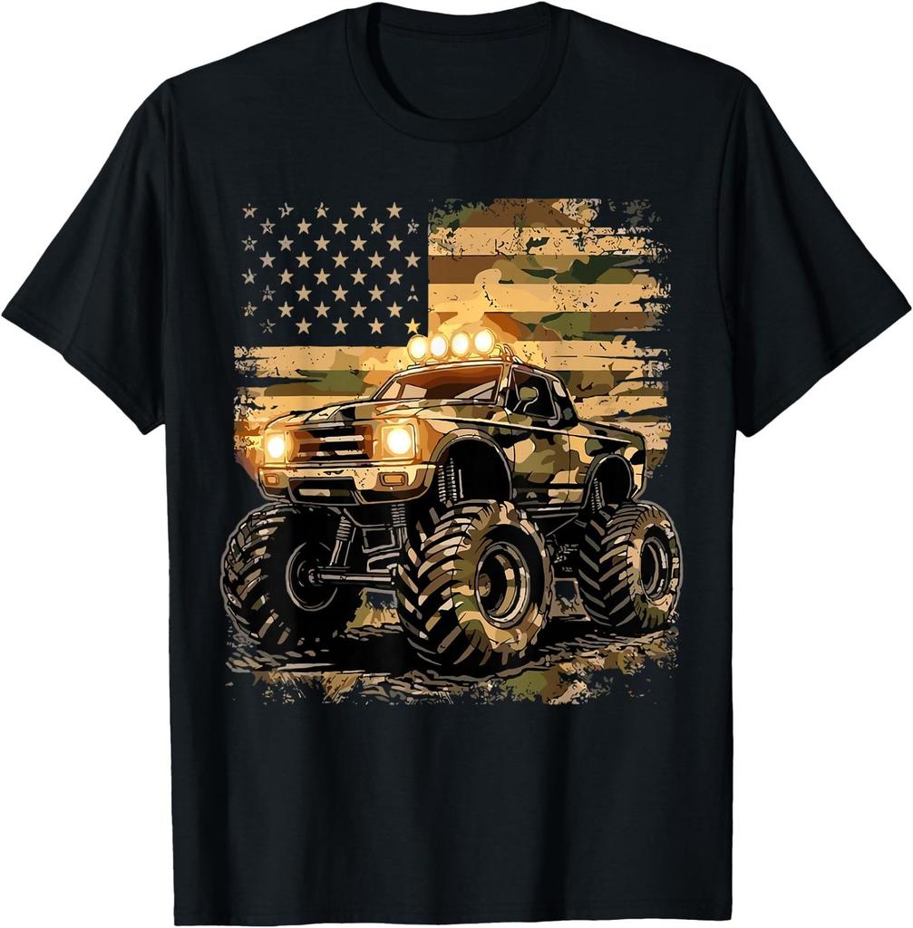 Monster Truck Camo Retro USA Flag American T-Shirt