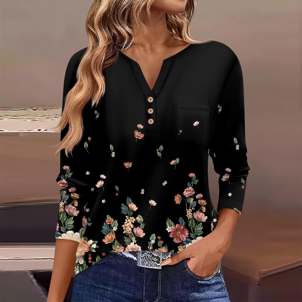 Женская футболка с длинным рукавом на пуговицах, повседневная, выходного дня, модная, базовая, с V-образным вырезом, обычная, с карманом