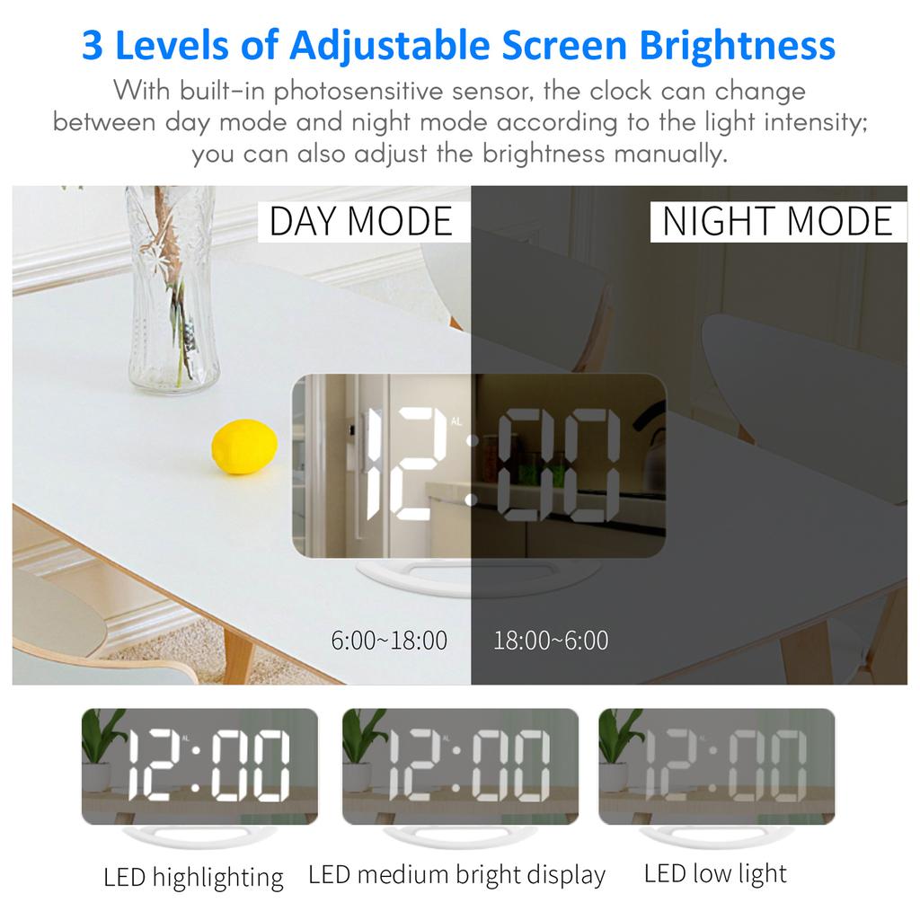 Vibrating Alarm Clock Digital Mirror Alarm Clock with Large Clear Screen Adjustable Brightness Dual