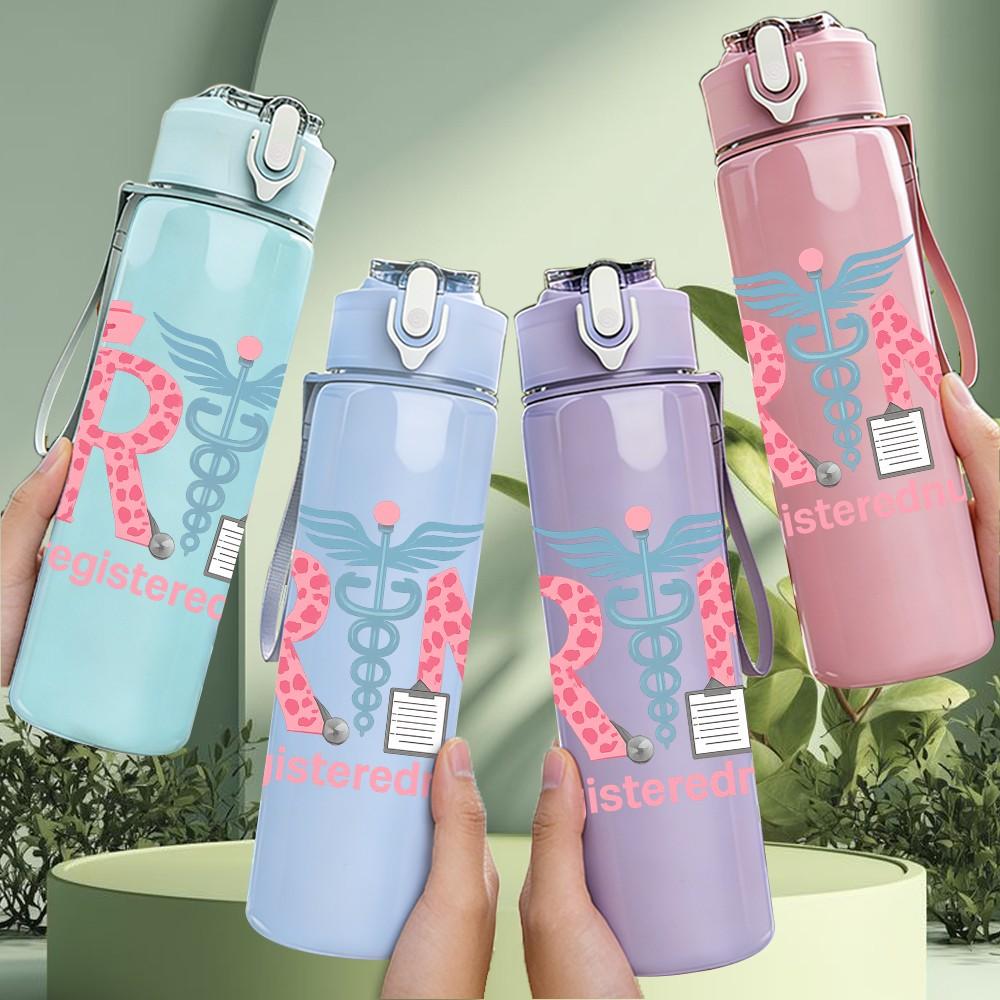 1PC RN Medical Symbol Pink Floral 750ml Color Plastic Sports Water Bottle Leakproof Flip Straw Lid Suitable for Sports Office Home Use