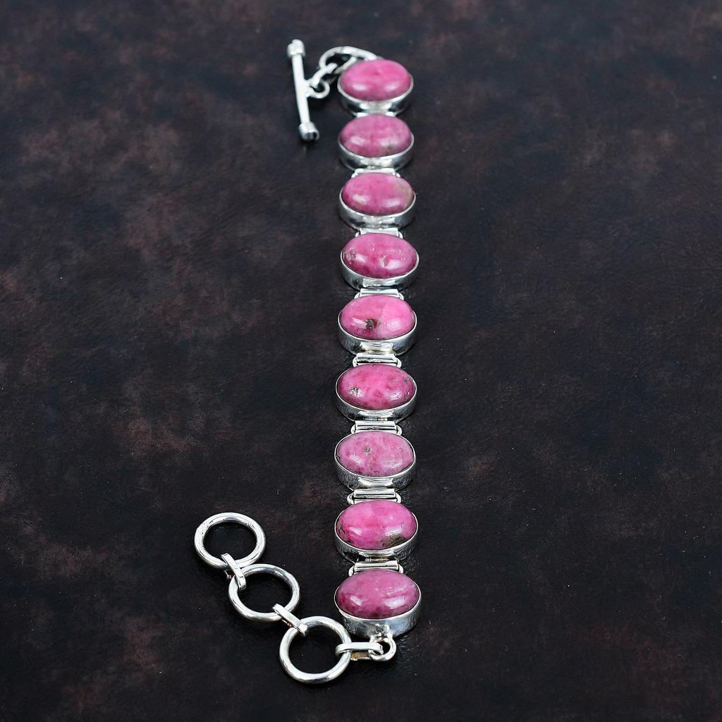 Браслет из драгоценного камня родонит, ручная работа, уникальный дизайн, ювелирное изделие, браслет из стерлингового серебра 925 пробы, регулируемый браслет-цепочка, подарки для нее, ювелирные изделия в стиле бохо