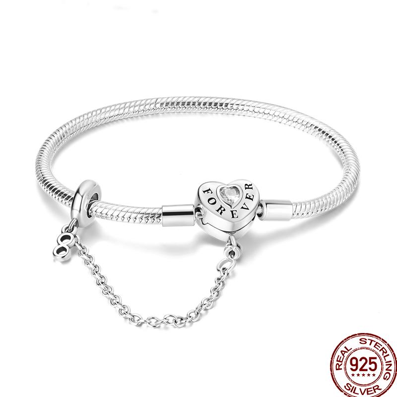 925 Silver 17-20CM Heart Pave Zirconia Original Bracelets Infinity Bracelet Fit DIY Charms Bead Birthday Jewelry Gifts Hot Sale