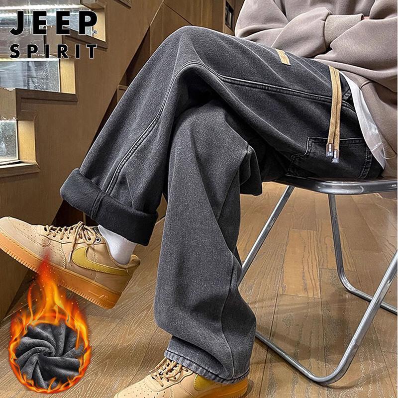 JEEP SPIRIT Men's Fleece-Lined Loose Straight Jeans