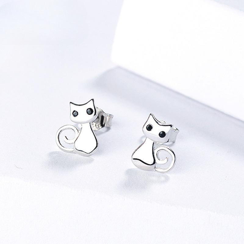 Серьги-гвоздики с очаровательными кошками из стерлингового серебра S925, простые милые корейские серебряные украшения с животными
