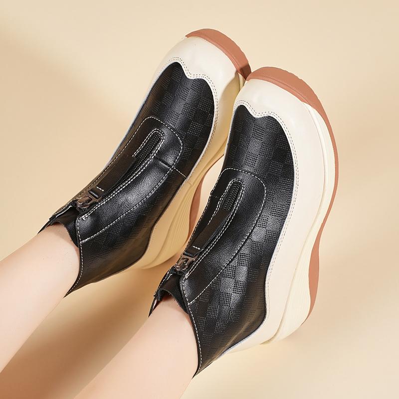 Женские спортивные туфли на платформе, повседневные черные кожаные ботильоны, обувь на танкетке, кроссовки с высоким верхом, увеличивающие рост