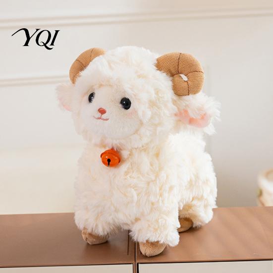 Decorative Stuffed Figure Cute Sheep Plush Doll with Bell, Soft Animal Stable Standing Toy Bells Toy, Curly Fluffy Fabric Embroidery Details Figurine