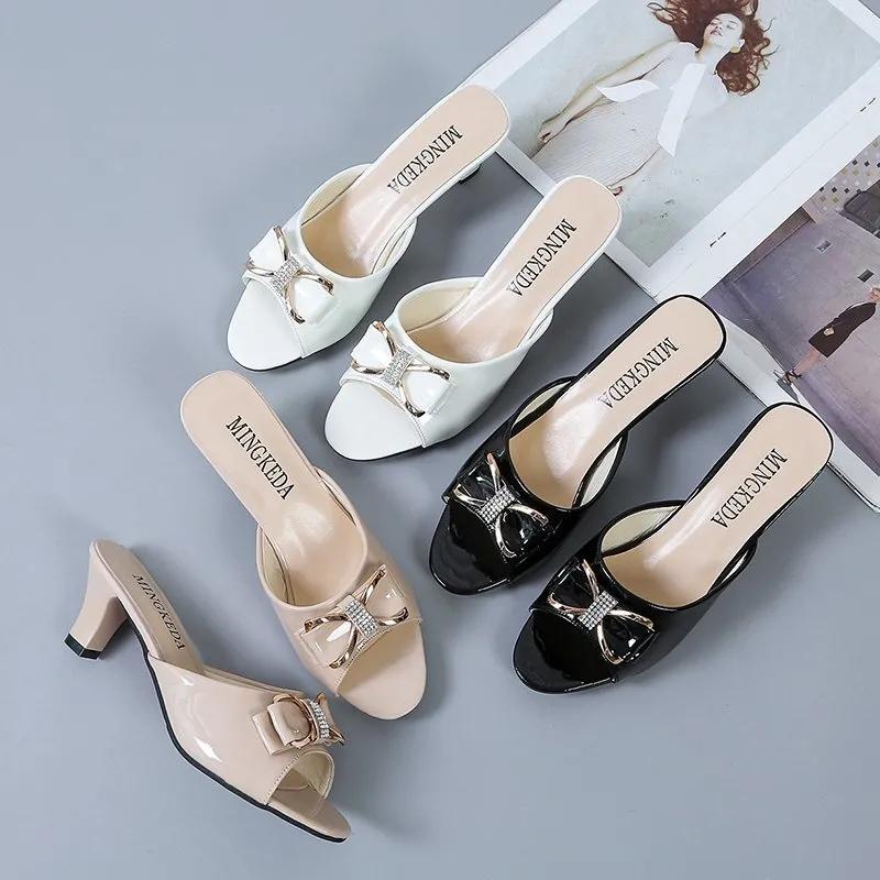 Slippers Women's Solid Color Summer Mid-heel Shoes Bow Candy Shoes One-word Sandals and Slippers Women's All-match High-heeled Sandals