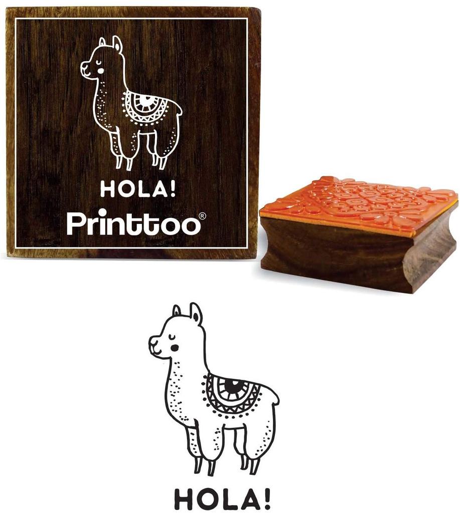 Printtoo Llama Animal & Hola Word Design Square Wooden Rubber Stamp Diary Card-2 x 2