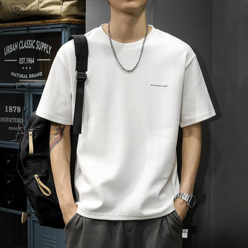 Мужская футболка с коротким рукавом повышенной прочности, летний новый стиль, американский чистый хлопок, модный брендовый базовый белый свободный футболка с рукавом до локтя