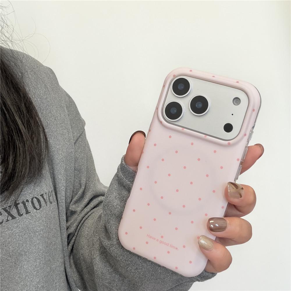 Розовый чехол для iPhone в горошек в корейском стиле: Защита от падения, 16Pro Магнитный, 15PM Медведь-подставка, 14/13 Матовый