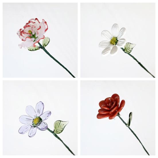 Handcrafted Glass Flower with Wire Stem Hand-Blown Colored Glaze Mini Floral Figurine Decoration Home Living Room Office Table Flower Vase Ornament