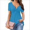 Women's V-neck Front Twisted Shirt Short Sleeved Elegant Casual T-shirt Solid Color Pullover Top Shirt