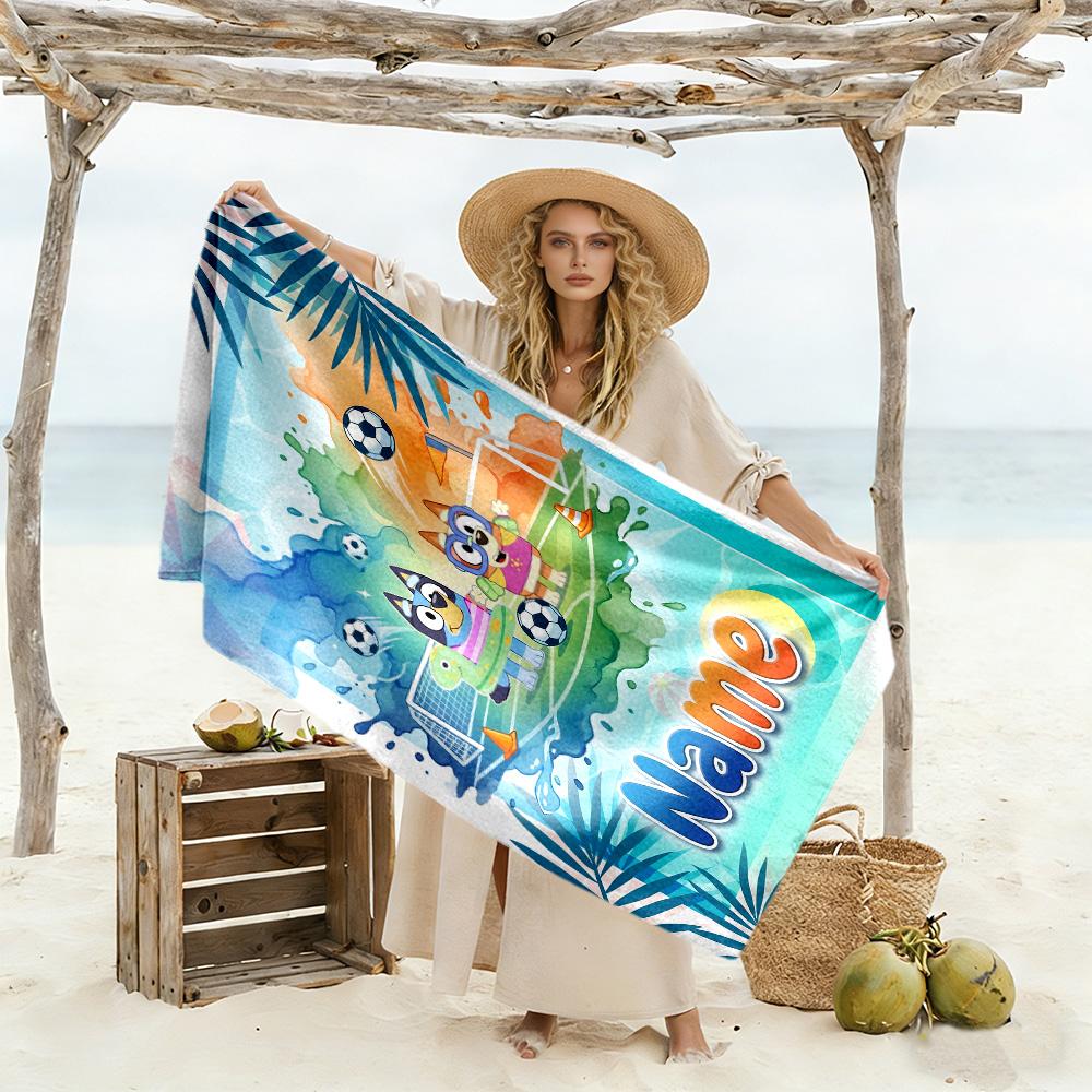 Bluey's Soccer Fun Customize Text Beach Towel Super Soft & Absorbent