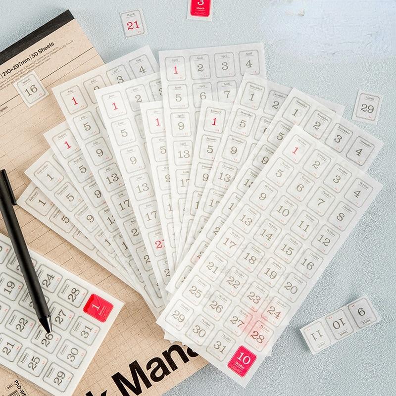365 Days Date Tape Stickers for Notebook Dairy Journal Planner Date Mark Calendar Sticker Stationery 12 Sheets