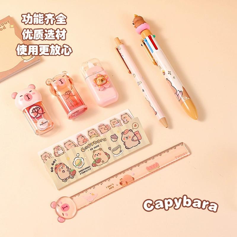 1set Capybara Stationery Set Ruler Ballpoint Pen Gel Pen Correction Tape Sticky Note Pencil Case Cute Stationery Gifts Wholesale